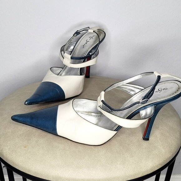 Vintage Sergio Zelcer Handmade Blue & White Leather Stilettos – Size 12M - Picture 1 of 9